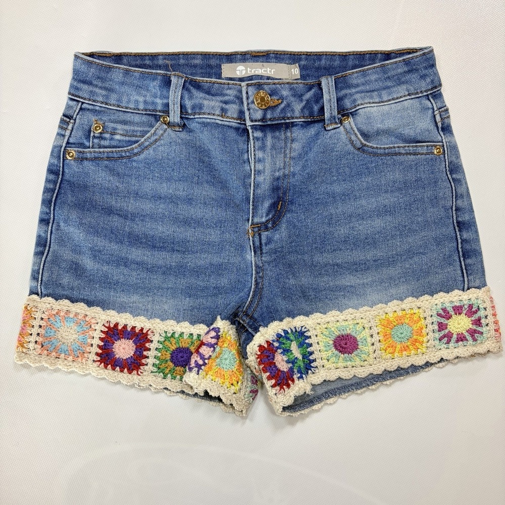 Tractr Girls Denim Shorts‎ Size 10 Crochet Hem Boho Festival Light Wash Stretch